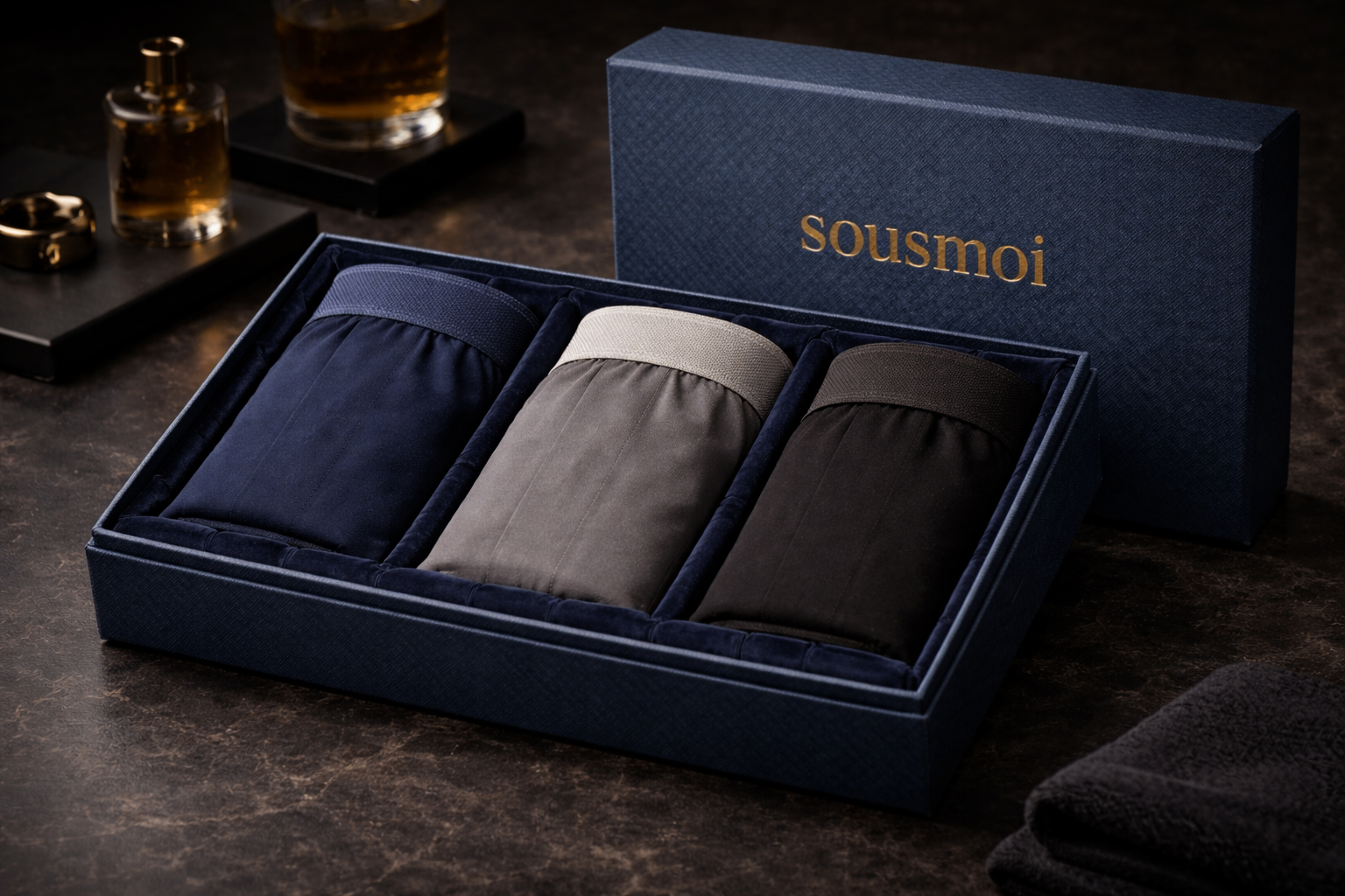 Coffret SousMoi — 3 boxers premium dans un écrin bleu marine